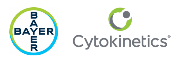 Die beiden Logos der Unternehmen Bayer und Cytokinetics als Sponsoren für den Workshop Open Heart des Albertinen Herz- und Gefäßzentrums in Hamburg. 