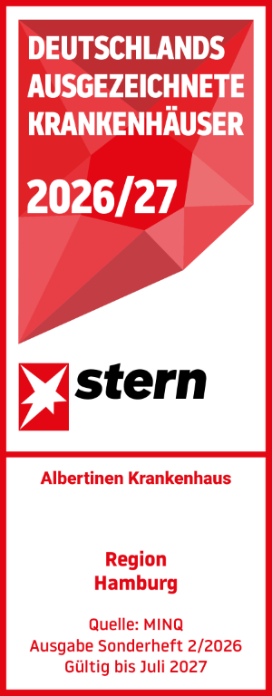 Text-Bild-Logo Deutschlands ausgezeichnete Krankenhäuser 2026/2027 - Region Hamburg - in rot-weißen Farben des Stern-Magazins für das Albertinen Krankenhaus in Hamburg.