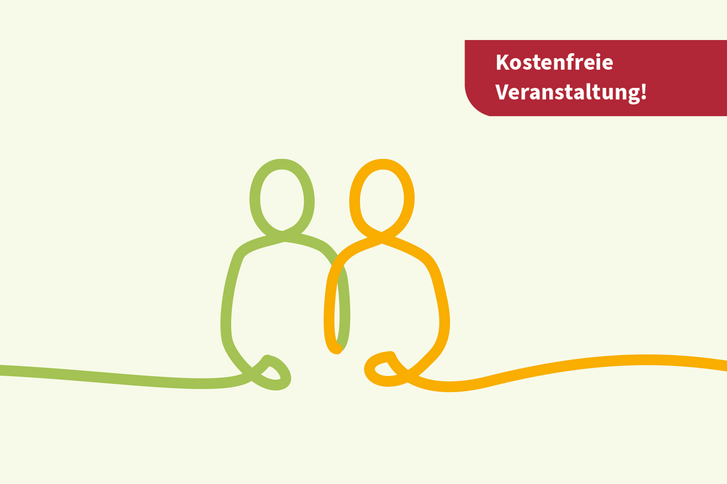 Illustration von zwei sich nebeneinander sitzenden Menschen als orange-grüne Bändergrafik und einem rot hinterlegten Hinweis mit dem Text "kostenfreie Veranstaltung" für die Bewegungswerkstatt für pflegende Angehörige - Kinaesthetics in der Praxis im Albertinen Krankenhaus Hamburg