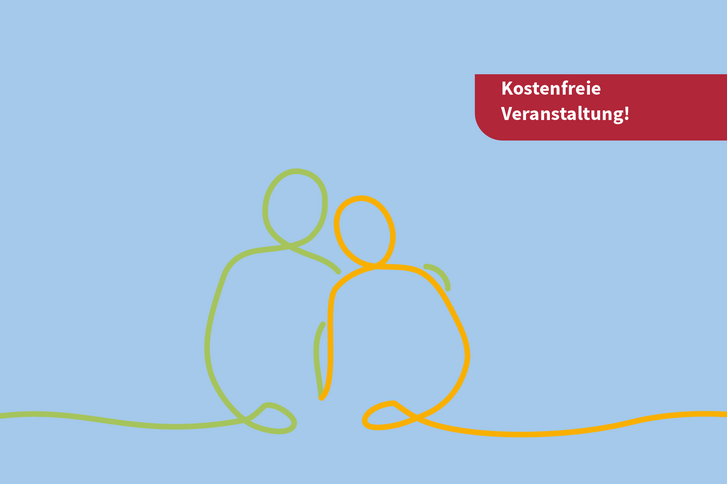 Illustration von zwei sich nebeneinander sitzenden Menschen als orange-grüne Bändergrafik und einem rot hinterlegten Hinweis mit dem Text "kostenfreie Veranstaltung" für die Bewegungswerkstatt für pflegende Angehörige - Kinaesthetics in der Praxis im Albertinen Krankenhaus Hamburg Illustration von zwei sich nebeneinander sitzenden Menschen als orange-grüne Bändergrafik und einem rot hinterlegten Hinweis mit dem Text "kostenfreie Veranstaltung" für die Bewegungswerkstatt für pflegende Angehörige - Kinaesthetics in der Praxis im Albertinen Krankenhaus Hamburg