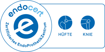Kreisrundes Siegel von Endocert mit dem Text Zertifiziertes EndoProthetikZentrum und zwei Symbolen mit Text für Knie und Hüfte für die Zertifizierung des Albertinen EndoProthetikZentrums in Hamburg.