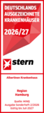 Text-Bild-Logo Deutschlands ausgezeichnete Krankenhäuser 2026/2027 - Region Hamburg - in rot-weißen Farben des Stern-Magazins für das Albertinen Krankenhaus in Hamburg.