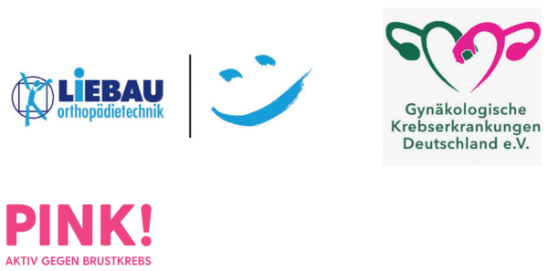 Farbige Logos der Aussteller Liebau Orthopädietechnik, Gynäkologische Krebserkrankungen Deutschland e.V. und PINK! Aktiv gegen Brustkrebs für den dritten Patientinnentag mit Vorträgen & Patienteninformationen im zertifizierten Gynäkologischen Krebs- und Brustkrebszentrum im Albertinen Krankenhaus Hamburg für Patientinnen, Angehörige und Zugehörige