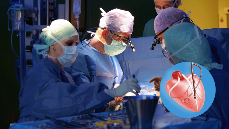 Foto von Prof. Hanke und Team in OP-Kleidung in einem blau beleuchteten Operationssaal im Albertinen Herz- und Gefäßzentrum in Hamburg bei einer Operation und ein blauer Kreis mit einer Herzgrafik.