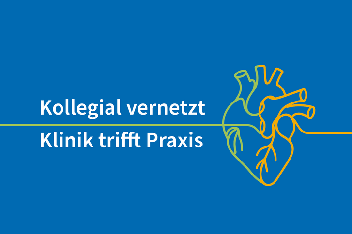 Ein als orange-grüne Bändergrafik dargestelltes Herz und der Schriftzug "Kollegial vernetzt - Klinik trifft Praxis" auf blauem Grund für den Workshop Open Heart des Albertinen Herz- und Gefäßzentrums in Hamburg. 