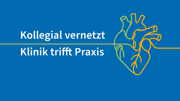 Ein als orange-grüne Bändergrafik dargestelltes Herz und der Schriftzug "Kollegial vernetzt - Klinik trifft Praxis" auf blauem Grund für den Workshop Open Heart des Albertinen Herz- und Gefäßzentrums in Hamburg. 