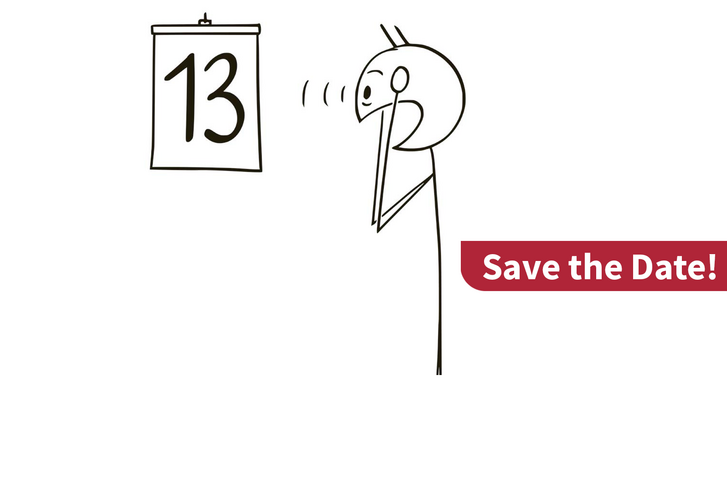 Zeichnung in schwarz-weiß eines Strichmännchens mit über dem Kopf zusammengeschlagenen Händen beim Blick auf ein Kalenderblatt mit der Zahl 13 und einer roten Einklinkergrafik am Bildrand mit dem Text "Save the Date!" zum Therapeutischen Fachsymposium des Interdisziplinären Therapiezentrums im Albertinen Krankenhaus in Hamburg-Schnelsen.