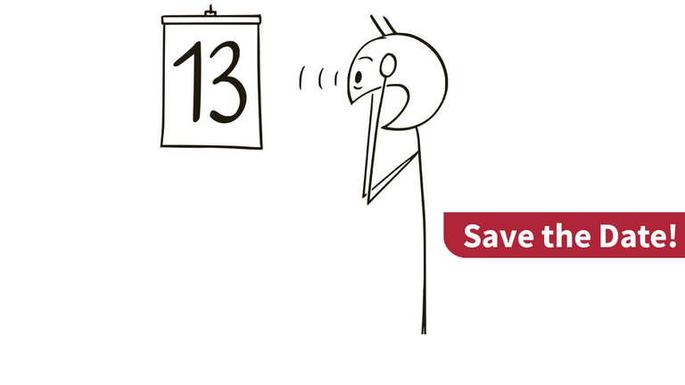 Zeichnung in schwarz-weiß eines Strichmännchens mit über dem Kopf zusammengeschlagenen Händen beim Blick auf ein Kalenderblatt mit der Zahl 13 und einer roten Einklinkergrafik am Bildrand mit dem Text "Save the Date!" zum Therapeutischen Fachsymposium des Interdisziplinären Therapiezentrums im Albertinen Krankenhaus in Hamburg-Schnelsen.