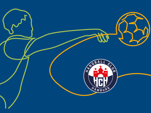 Eine Person wirft einen Handball, stilisiert als grüne und orangene Linie auf blauem Hintergrund, Logo des HCH
