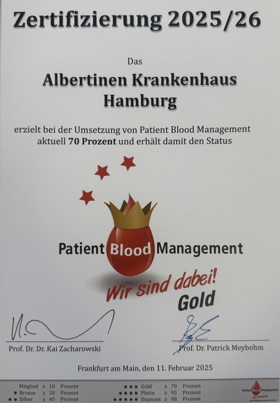 Zertifikat Patient Blood Management, Goldstatus 2025-2026, Albertinen Krankenhaus