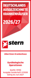 Text-Bild-Logo Deutschlands ausgezeichnete Krankenhäuser 2026/2027 - Gynäkologische Operationen - in rot-weißen Farben des Stern-Magazins für das Albertinen Krankenhaus in Hamburg.