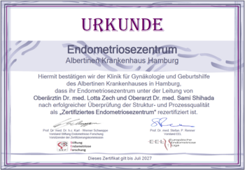 Urkunde, Zertifiziertes Endometriosezentrum, Gynäkologie und Geburtshilfe, Albertinen Krankenhaus, Hamburg-Schnelsen