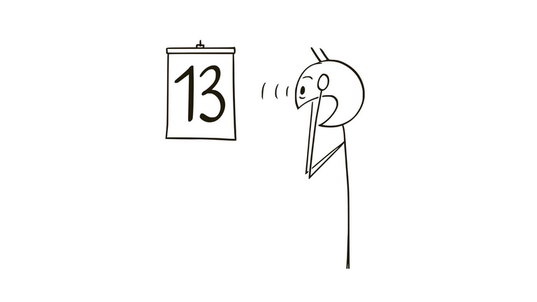 Zeichnung in schwarz-weiß eines Strichmännchens mit über dem Kopf zusammengeschlagenen Händen beim Blick auf ein Kalenderblatt mit der Zahl 13 und einer roten Einklinkergrafik am Bildrand mit dem Text "Save the Date!" zum Therapeutischen Fachsymposium des Interdisziplinären Therapiezentrums im Albertinen Krankenhaus in Hamburg-Schnelsen.