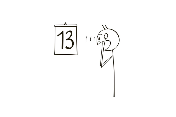 Zeichnung in schwarz-weiß eines Strichmännchens mit über dem Kopf zusammengeschlagenen Händen beim Blick auf ein Kalenderblatt mit der Zahl 13 und einer roten Einklinkergrafik am Bildrand mit dem Text "Save the Date!" zum Therapeutischen Fachsymposium des Interdisziplinären Therapiezentrums im Albertinen Krankenhaus in Hamburg-Schnelsen.