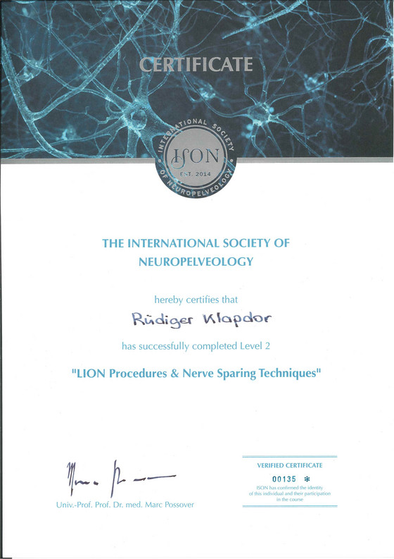 Zertifikat der International Society of Neuropelveology für Rüdiger Klapdorf