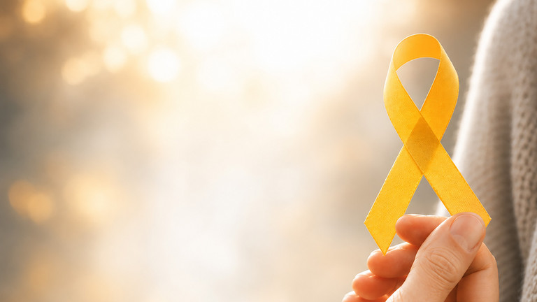 Hand hält eine gelbe Awareness-Schleife als Symbol für Suizidprävention vor einem warmen, hellen Hintergrund.