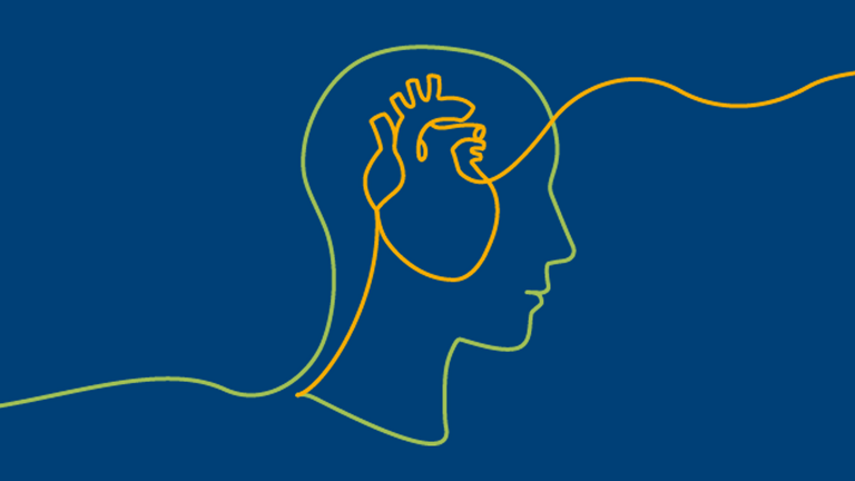 Symbolische Illustration zur Psychokardiologie: Kopfprofil mit eingezeichnetem Herz, das die enge Verbindung zwischen Psyche, Gehirn und Herzgesundheit darstellt