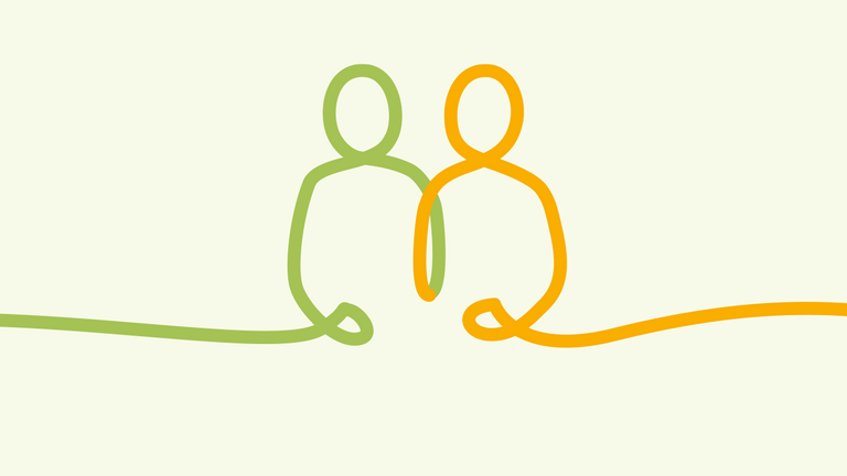 Illustration von zwei Menschen nebeneinander als grün-orangene Bändergrafik für das Angebot von Kinaesthetics-Kursen für pflegende Angehörige im Albertinen Krankenhaus in Hamburg