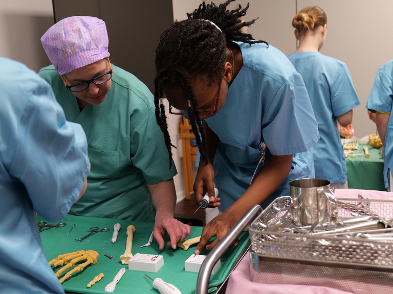 Jugendliche üben im OP-Workshop des Albertinen Krankenhauses das Arbeiten mit orthopädischen Implantaten und chirurgischen Instrumenten.